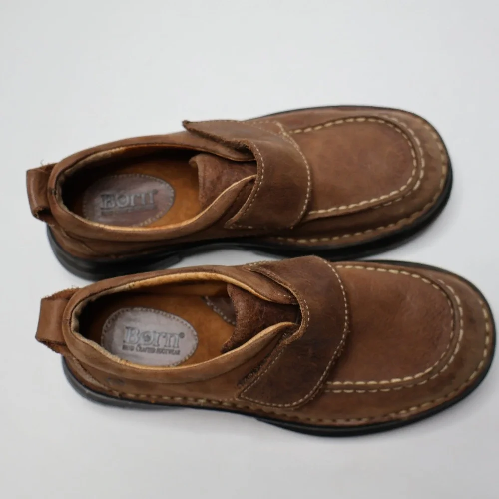 Born Kids‎ Brown Leather Shoes Hook & Loop Loafers Size 1 / 32.5 Comfort Outdoor